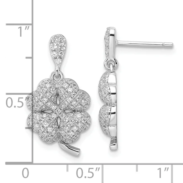 Pair of silver four-leaf clover drop earrings with pave cubic zirconia, shown front and side view against a measurement scale.