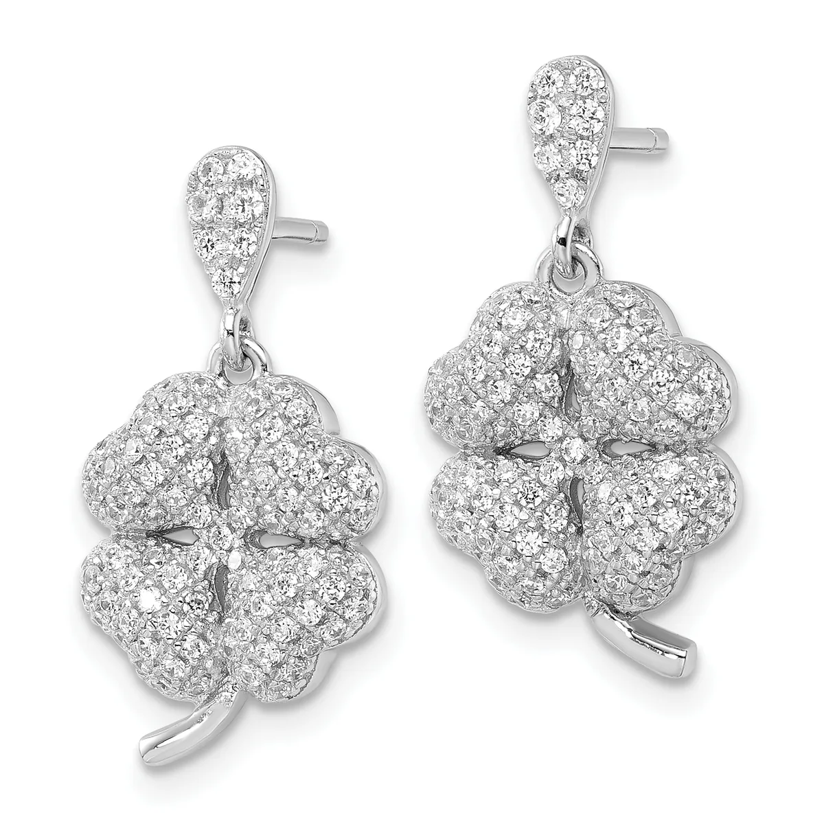 A pair of silver four-leaf clover drop earrings pavé-set with cubic zirconia, shown from front and back views.