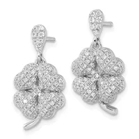 A pair of silver four-leaf clover drop earrings pavé-set with cubic zirconia, shown from front and back views.