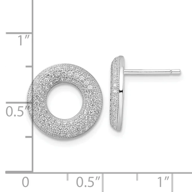 Pair of textured silver circular earrings with open centers, shown front and side view against a measurement ruler.