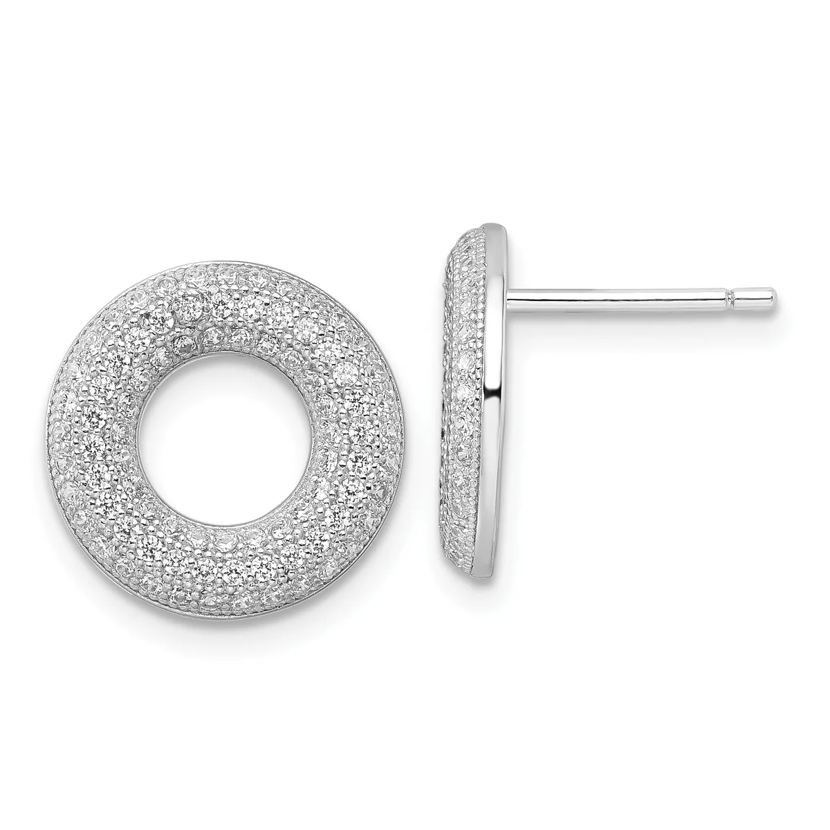 Pair of silver stud earrings with textured circular disc tops featuring a glittery or hammered finish and open center holes, shown from front and side view.