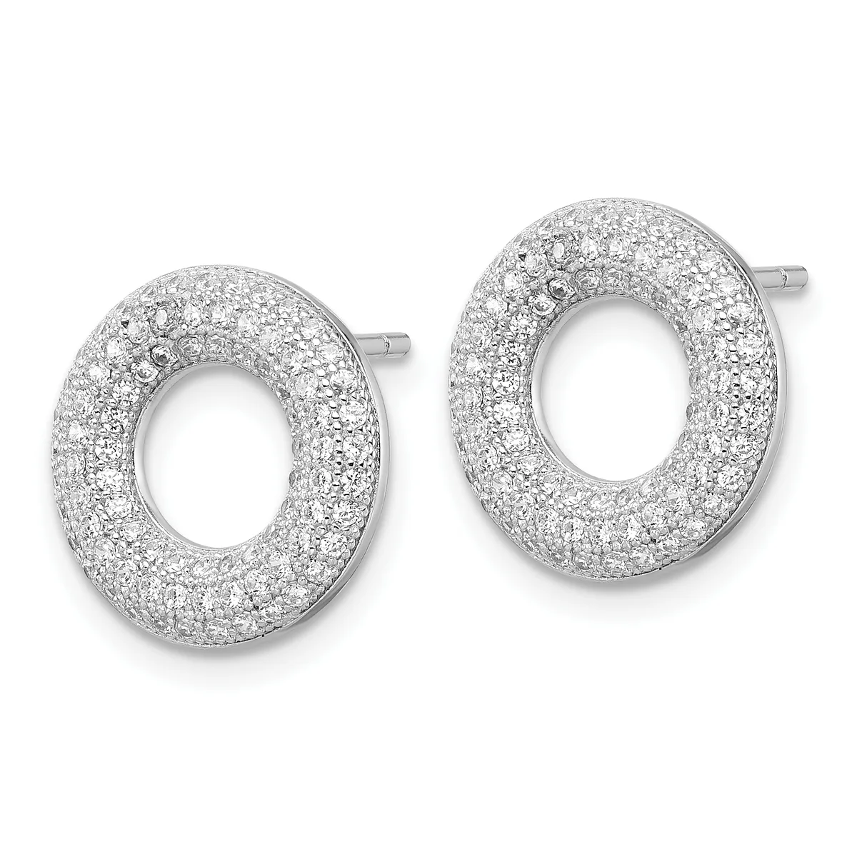 Pair of silver oval stud earrings with textured surfaces completely covered in small sparkling stones, shown against a white background.