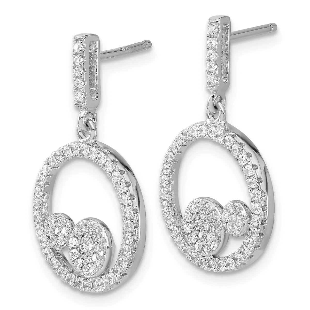 Pair of silver drop earrings with rectangular posts topped by vertical rectangular panels set with diamonds, suspending oval rings outlined in diamonds with two smaller diamond-set circles inside each oval.