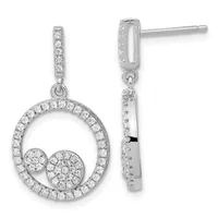 Pair of silver drop earrings with diamond-paved oval frames suspended from rectangular posts, each featuring two smaller diamond-set circular elements inside the larger oval.