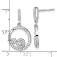Pair of silver dangle earrings featuring circular frames with diamond accents and two smaller diamond-set circles suspended inside, shown with measurement scale.