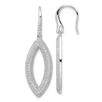 Pair of silver drop earrings with open oval pendants textured with small crystals or diamonds, suspended from curved hook wires.