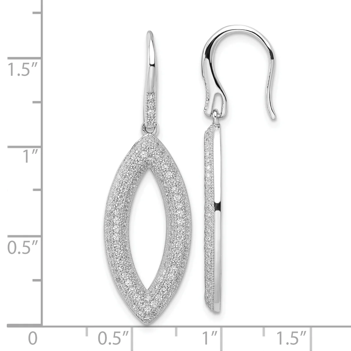 A pair of silver dangle earrings with textured oval frames suspended from hook-style ear wires, displayed against a measurement scale showing approximately 1.5 inches in length.