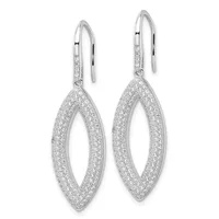 A pair of silver drop earrings with oval open frames completely paved with small round diamonds, suspended from thin curved hooks.