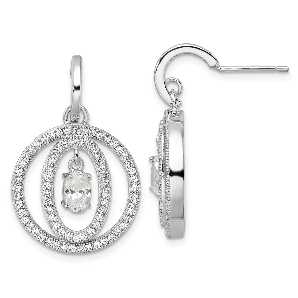 Pair of silver drop earrings with concentric circular frames set with small diamonds and a suspended oval-cut gemstone in the center, shown from front and side views.