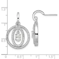 Silver drop earrings featuring concentric oval halos paved with diamonds surrounding a central oval-cut diamond, shown front and back with a measurement scale.