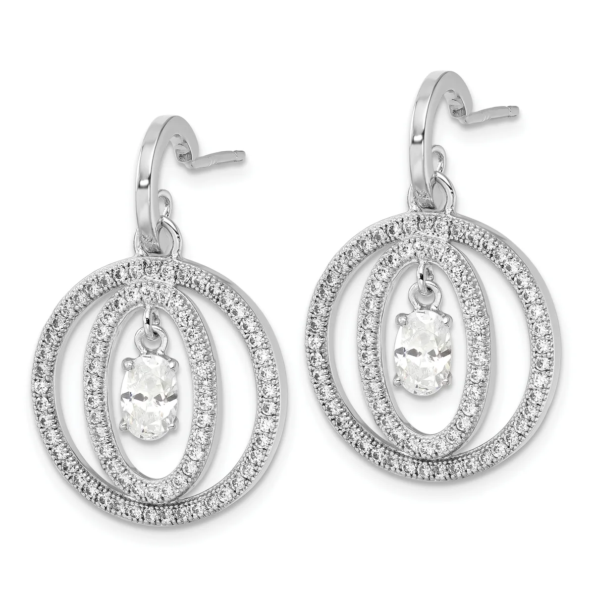Pair of silver drop earrings with oval-shaped frames outlined in small diamonds, each suspending a faceted oval-cut white stone in the center.