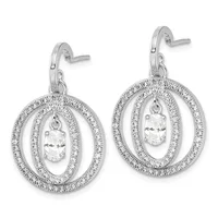 Pair of silver drop earrings with oval-shaped frames outlined in small diamonds, each suspending a faceted oval-cut white stone in the center.