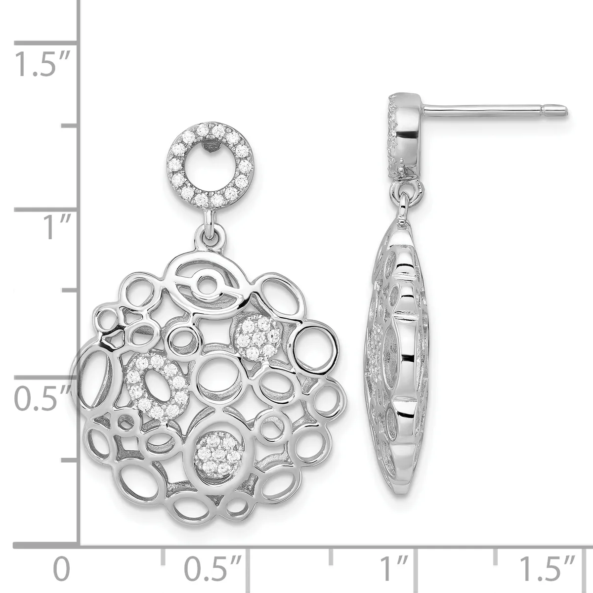 Pair of silver dangle earrings with circular diamond-set tops and ornate openwork cluster pendants featuring cubic zirconia accents, shown front and side views with measurement scale.