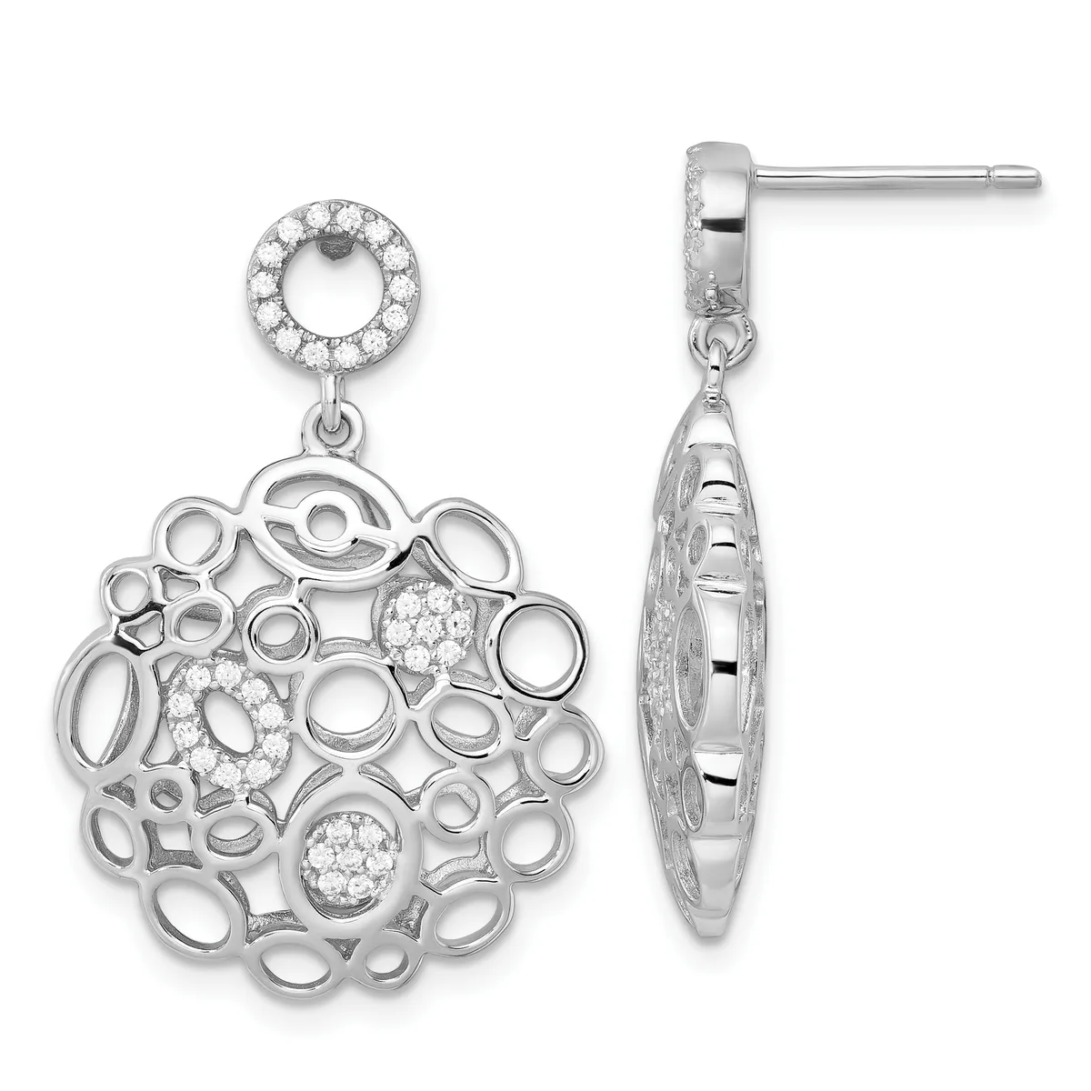 Pair of silver dangle earrings with circular diamond-set tops and ornate openwork pendant charms featuring oval and circular cutouts with diamond accents, shown front and back views.