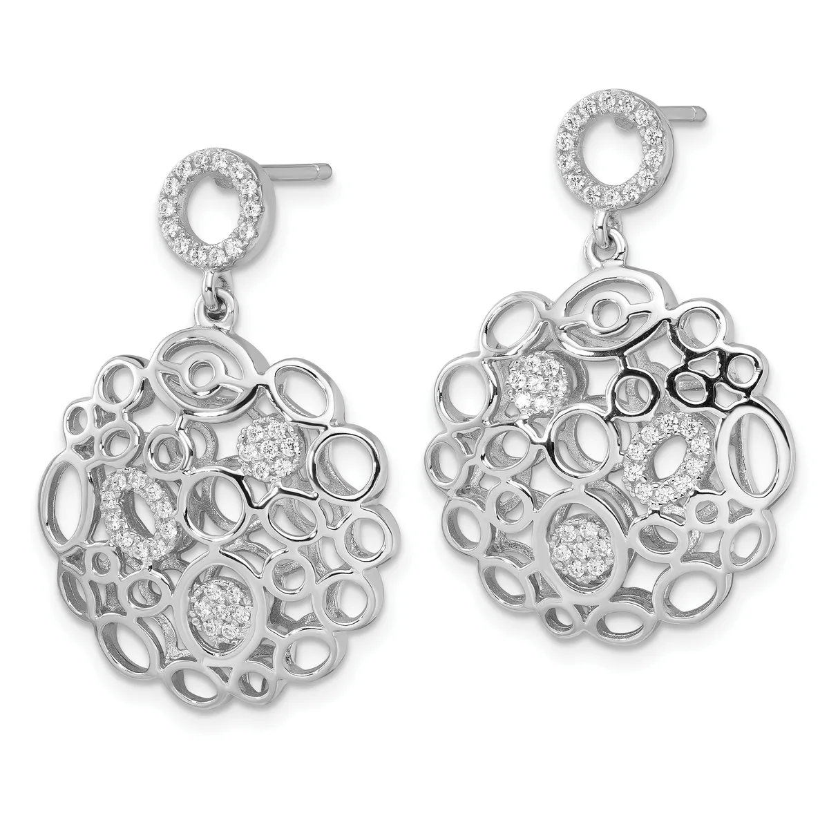 Pair of silver drop earrings with circular diamond-set studs and ornate cluster pendants featuring interlocking circular cutouts and pave diamond accents.