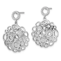 Pair of silver drop earrings with circular diamond-set studs and ornate cluster pendants featuring interlocking circular cutouts and pave diamond accents.