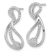 A pair of silver teardrop earrings with diamond pavé accents along the curved edges and clustered at the bottom, shown from the front against a white background.