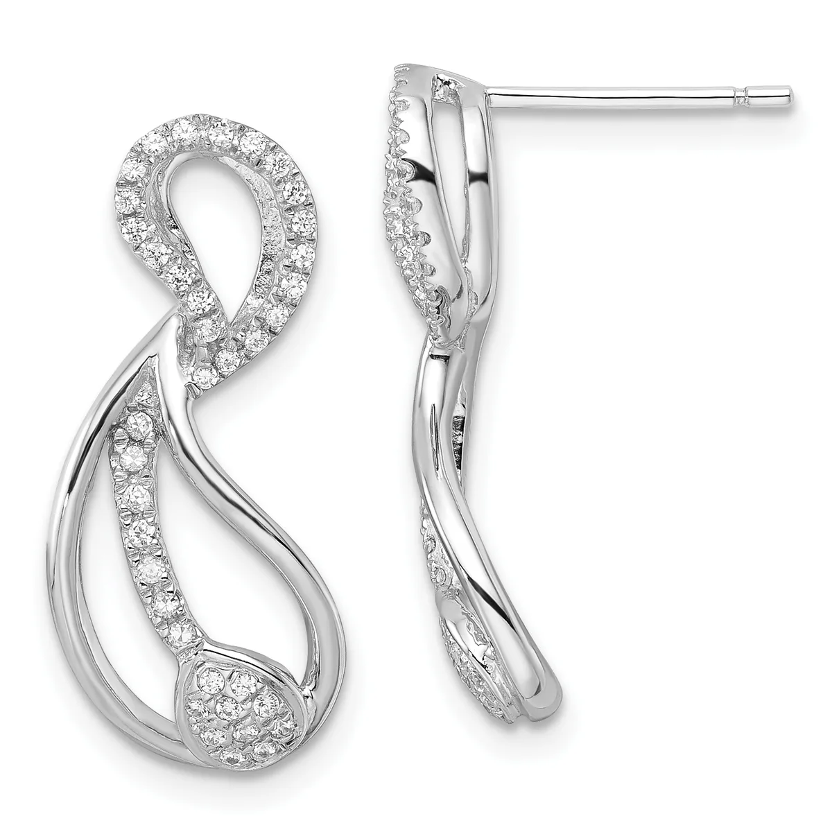 A pair of silver dangle earrings with an infinity symbol design, featuring round diamonds set throughout the curves and a polished finish, shown from front and side views.