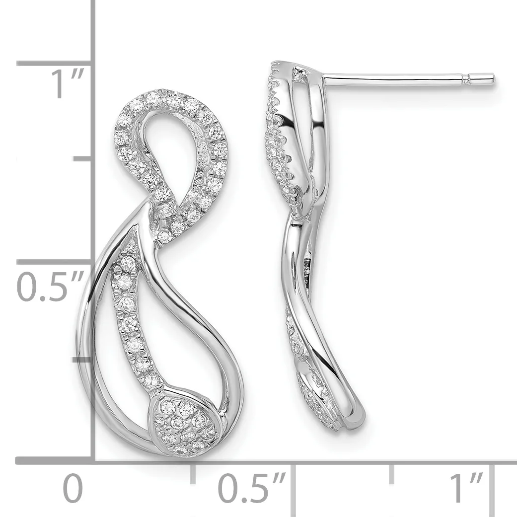 A pair of silver drop earrings featuring infinity symbol designs with cubic zirconia pavé settings, shown with measurement scale indicating approximately one inch in length.