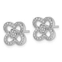 A pair of silver four-lobed clover-shaped stud earrings with diamond pavé settings and a central diamond cluster, shown from the front.