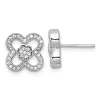 Pair of silver four-leaf clover stud earrings with diamond pavé setting and a central diamond cluster, shown from front and side view.