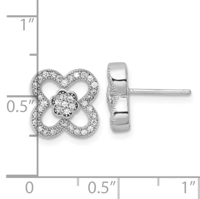 Pair of four-lobed clover-shaped diamond stud earrings with a central diamond cluster, shown front and side view with measurement scale.