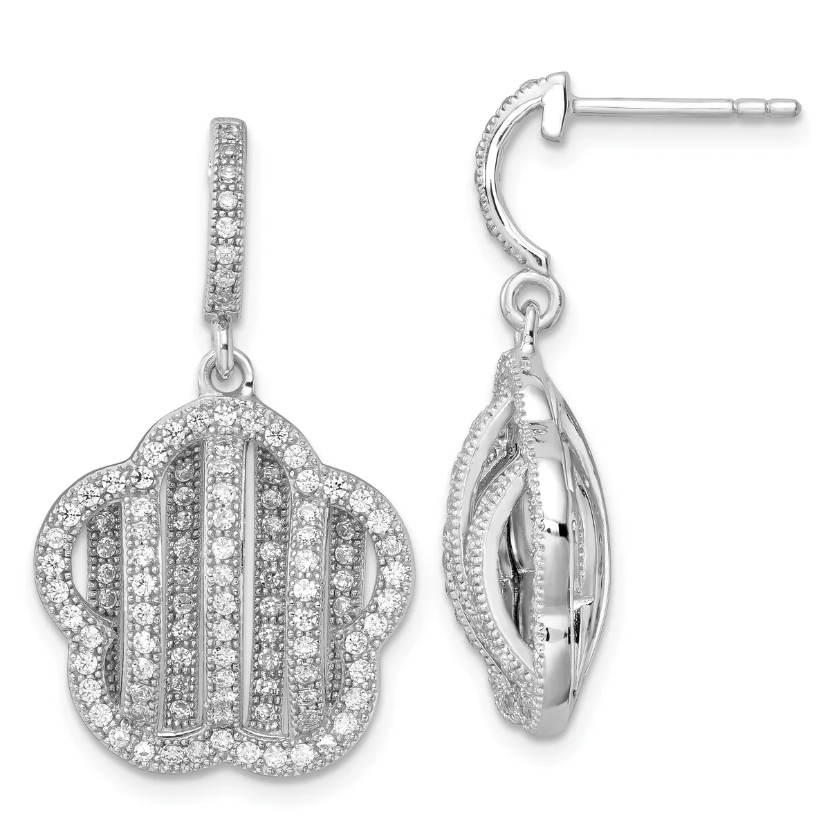 Sterling silver drop earrings with cubic zirconia stones featuring a scalloped four-leaf clover design, shown from front and side views.