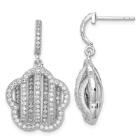 Sterling silver drop earrings with cubic zirconia stones featuring a scalloped four-leaf clover design, shown from front and side views.