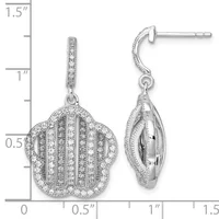 Pair of diamond-studded sterling silver dangle earrings with scalloped disc pendants, shown front and side view with measurement scale.