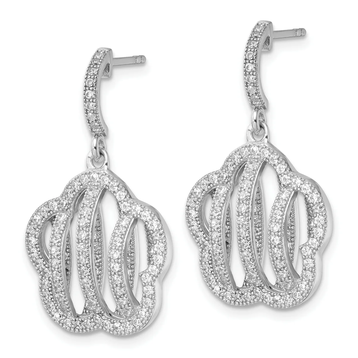 A pair of silver drop earrings with cubic zirconia pavé studs and matching pavé-covered pendant drops featuring open curved designs.