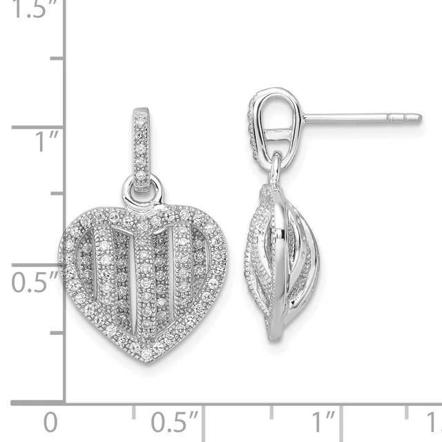 Silver heart-shaped pendant and matching earrings with cubic zirconia pavé setting, shown with measurement scale indicating approximately one inch in height.