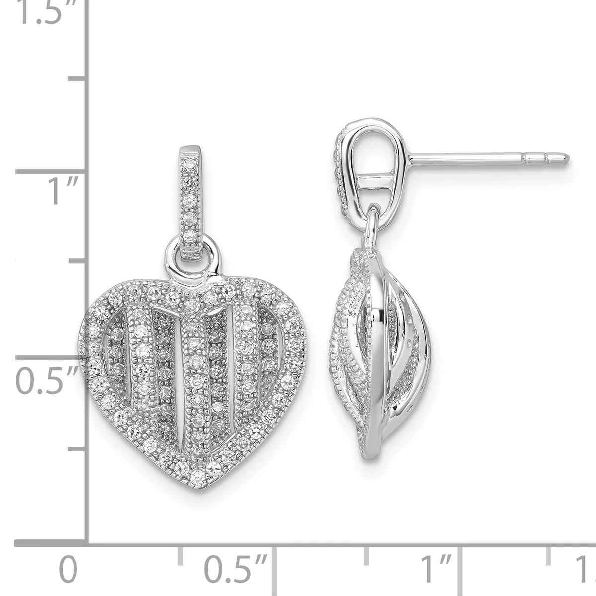 Silver heart-shaped pendant and matching earrings with cubic zirconia pavé setting, shown with measurement scale indicating approximately one inch in height.