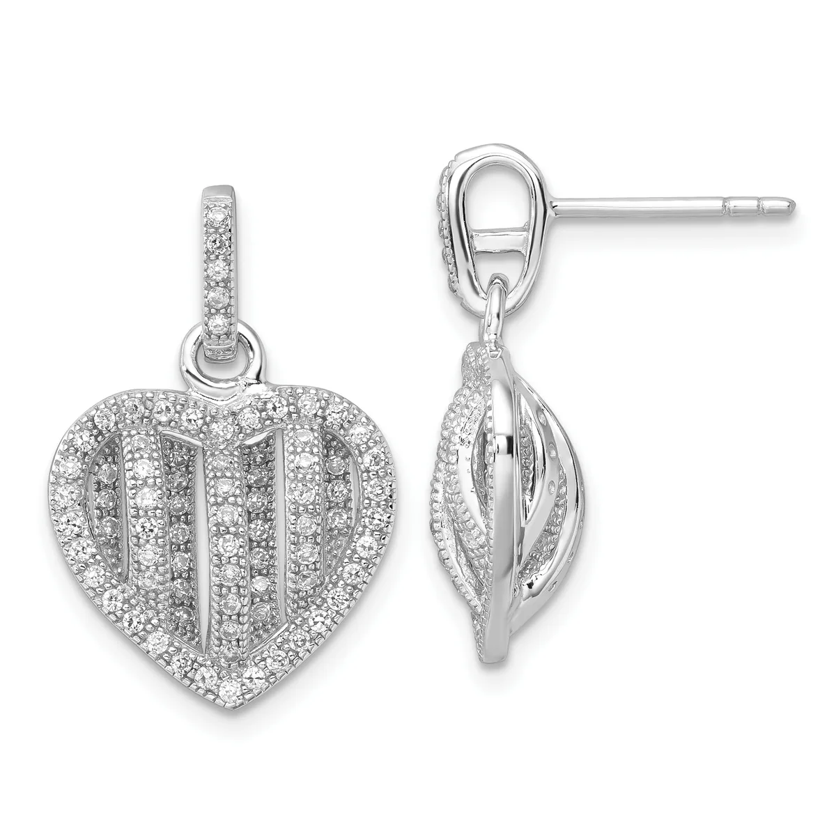 A pair of silver heart-shaped drop earrings with diamond pavé settings, shown from front and side views, suspended from small bail connectors.
