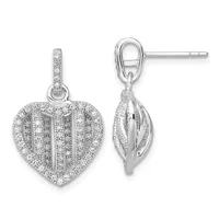 A pair of silver heart-shaped drop earrings with diamond pavé settings, shown from front and side views, suspended from small bail connectors.