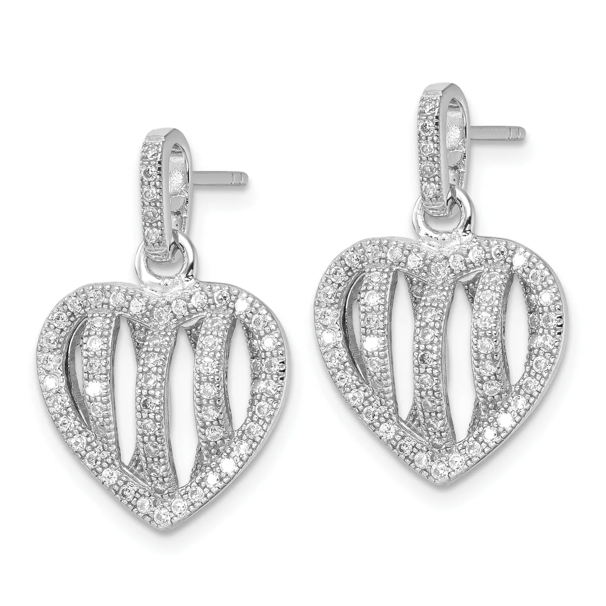 Pair of silver heart-shaped drop earrings with vertical stripe cutout design, pave-set with cubic zirconia stones throughout, suspended from small hoop posts.