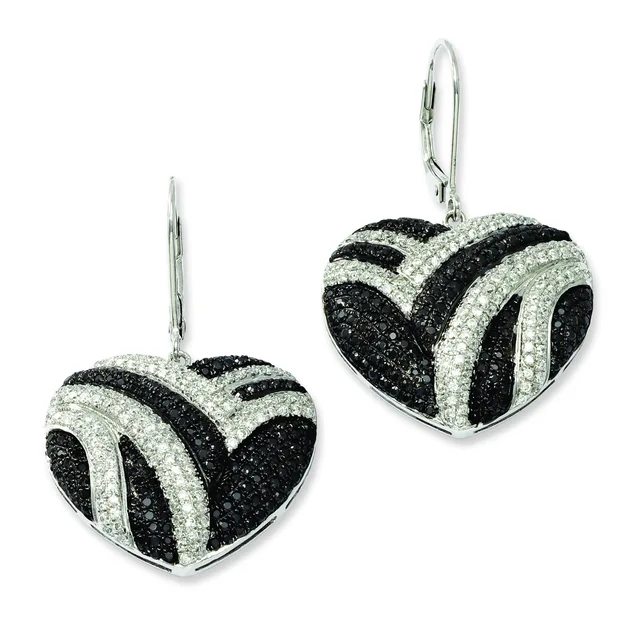 Pair of heart-shaped drop earrings with silver-tone metal featuring alternating bands of black and clear crystals, suspended from lever-back wires.