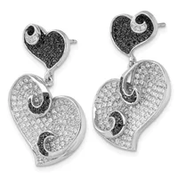 Pair of silver heart-shaped drop earrings with black and white pavé crystals in a yin-yang pattern, displayed on a white background.