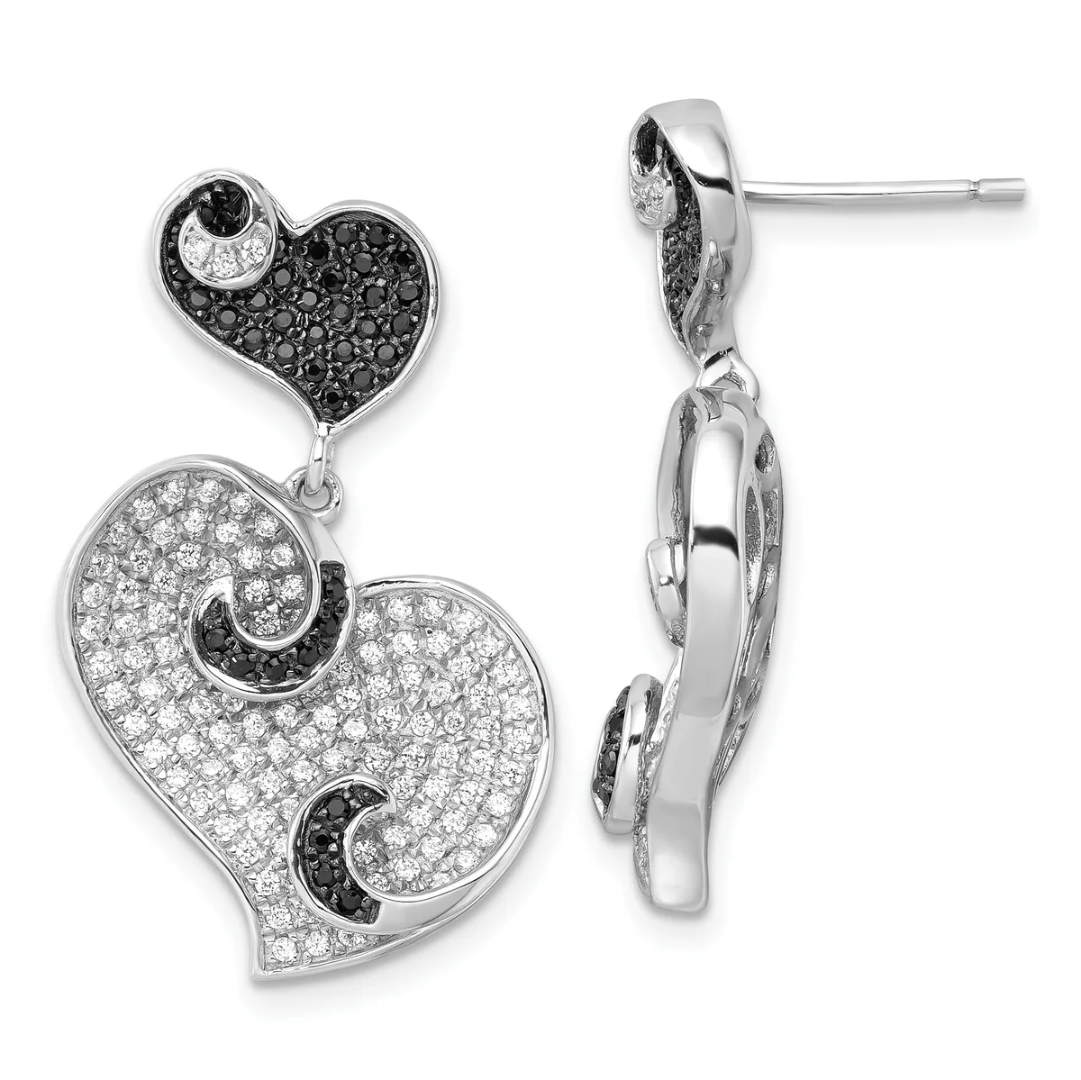 Pair of silver drop earrings with black and clear crystals arranged in heart shapes, shown from front and side views.