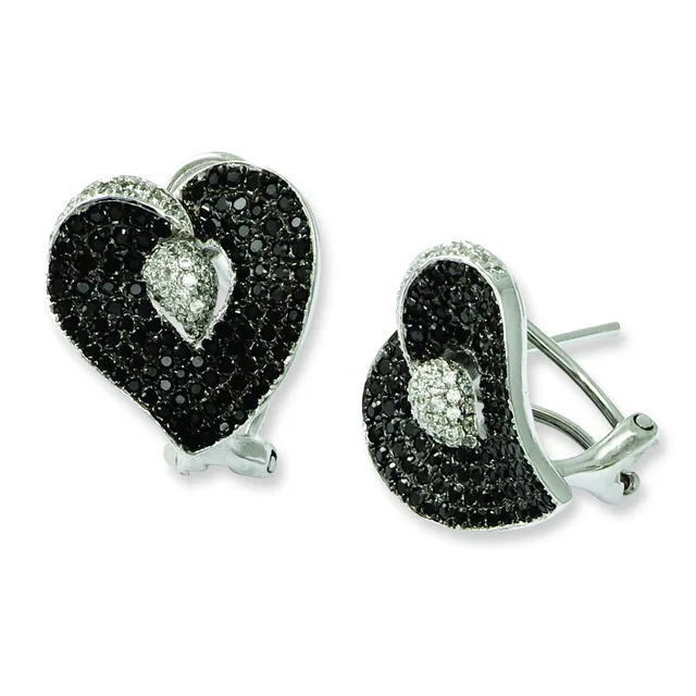 A pair of heart-shaped earrings with black and white pavé-set stones in a silver-tone metal, shown from front and side angles.