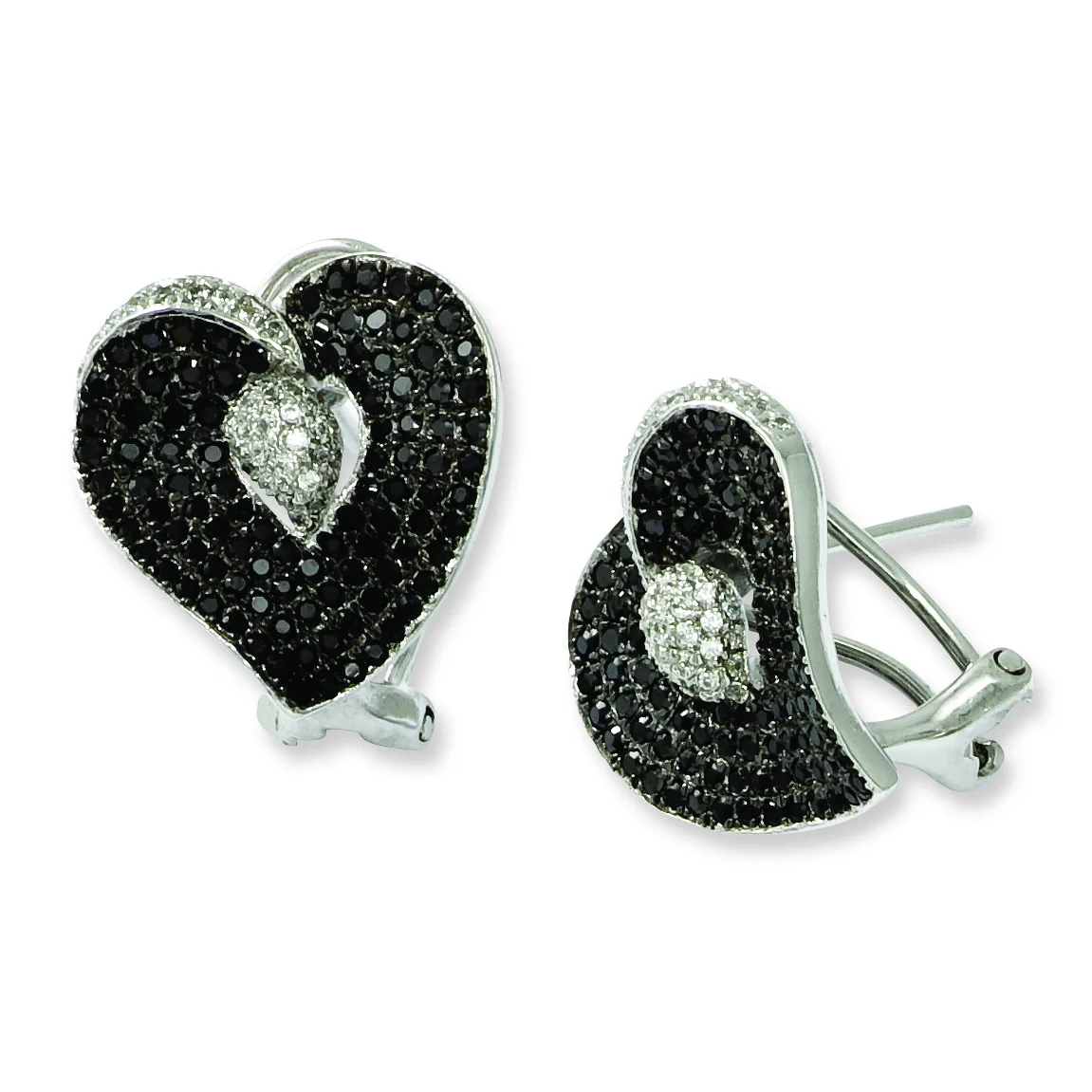 A pair of heart-shaped earrings with black and white pavé-set stones in a silver-tone metal, shown from front and side angles.