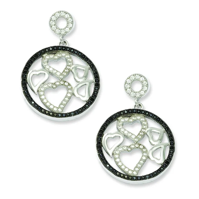 A pair of matching silver drop earrings with circular frames outlined in black stones, featuring heart and infinity symbol designs in white metal with clear crystals.