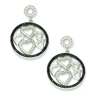 A pair of matching silver drop earrings with circular frames outlined in black stones, featuring heart and infinity symbol designs in white metal with clear crystals.