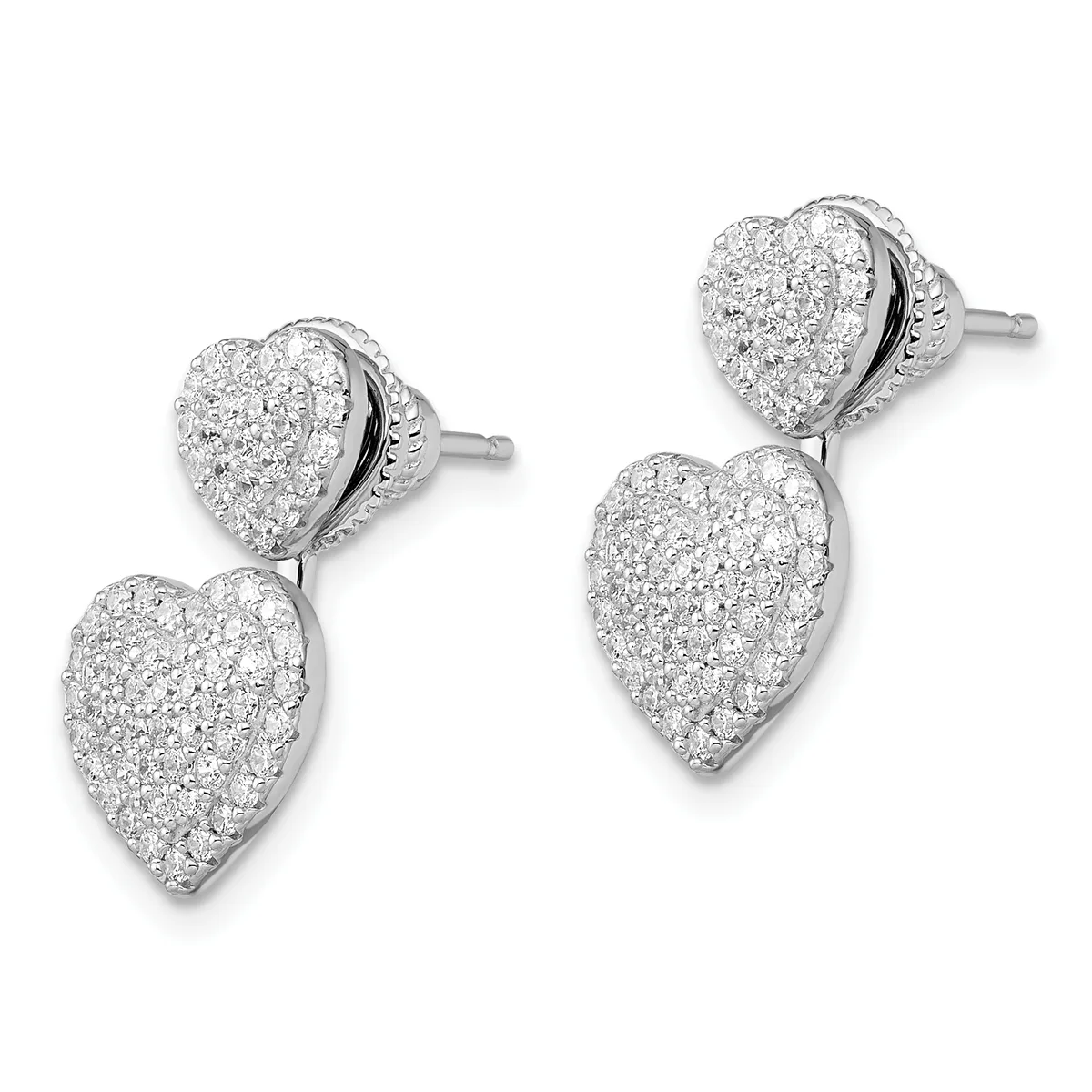Pair of sterling silver drop earrings with heart-shaped tops and larger heart-shaped bottoms, both pavé set with diamonds, displayed against a white background.