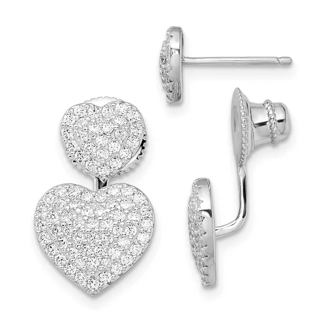 Silver heart-shaped earrings with diamond pavé settings, shown as a pair with stud and drop styles displaying front and side views.