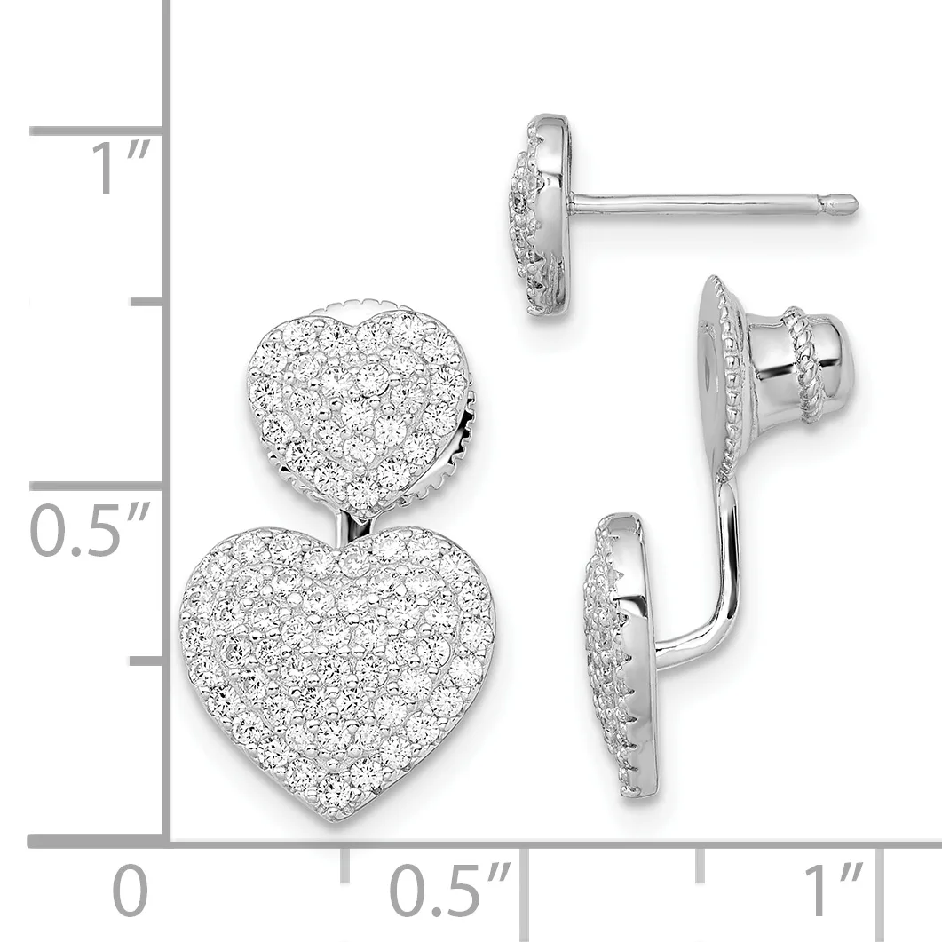 Sterling silver heart-shaped stud earrings with textured surfaces, shown from front and side views next to a measurement scale.