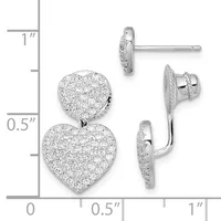 Sterling silver heart-shaped stud earrings with textured surfaces, shown from front and side views next to a measurement scale.