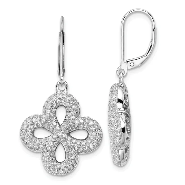 A pair of silver four-leaf clover earrings with diamond pavé settings, shown from front and side views on lever-back hooks.