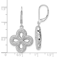 Pair of silver four-leaf clover earrings with cubic zirconia pavé setting, shown front and side view with a measurement scale indicating approximately 1.5 inches in length.