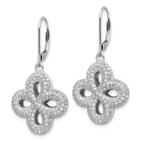 A pair of silver four-leaf clover drop earrings with diamond pave settings and leverback closures, shown from the front.