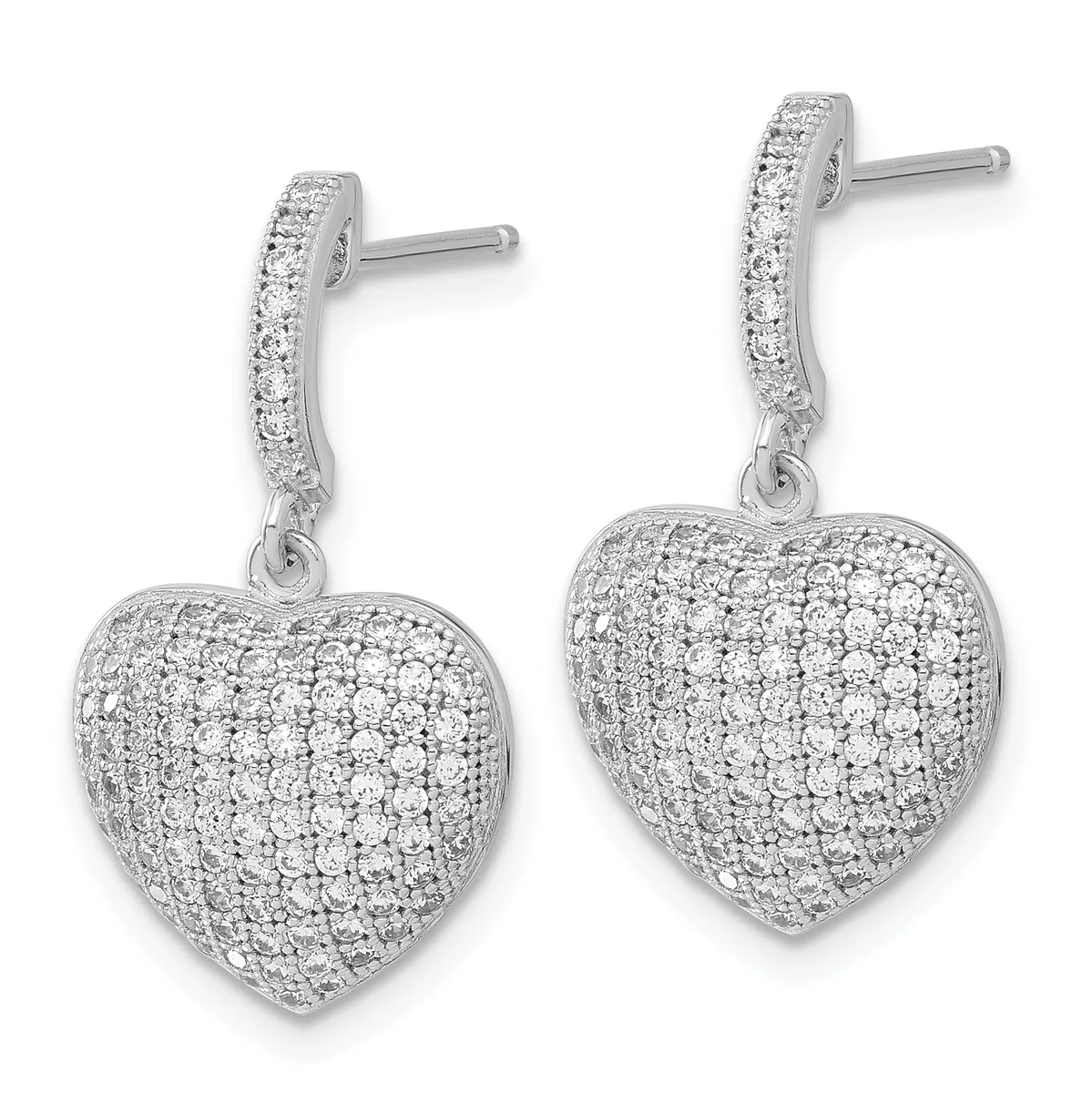 Pair of silver heart-shaped drop earrings with pave-set cubic zirconia stones and curved post-and-stud backs.